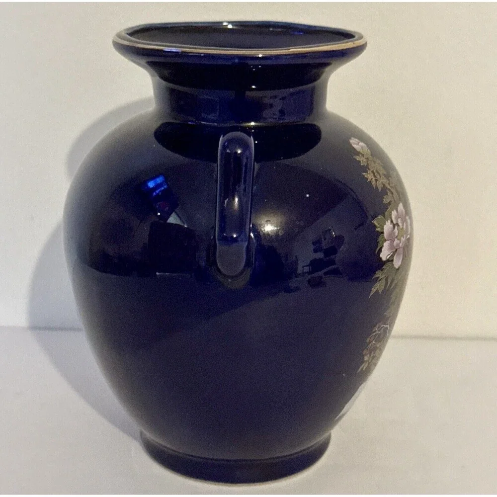 Vintage Japanese Pheasant Cobalt‎ Blue Vase Floral 6.75” Decor Collectible ￼